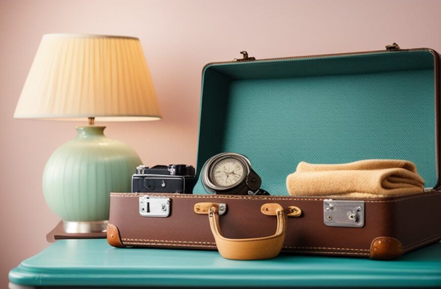 a pre loved suitcase atop a table, adorned with a clock and a lamp.
