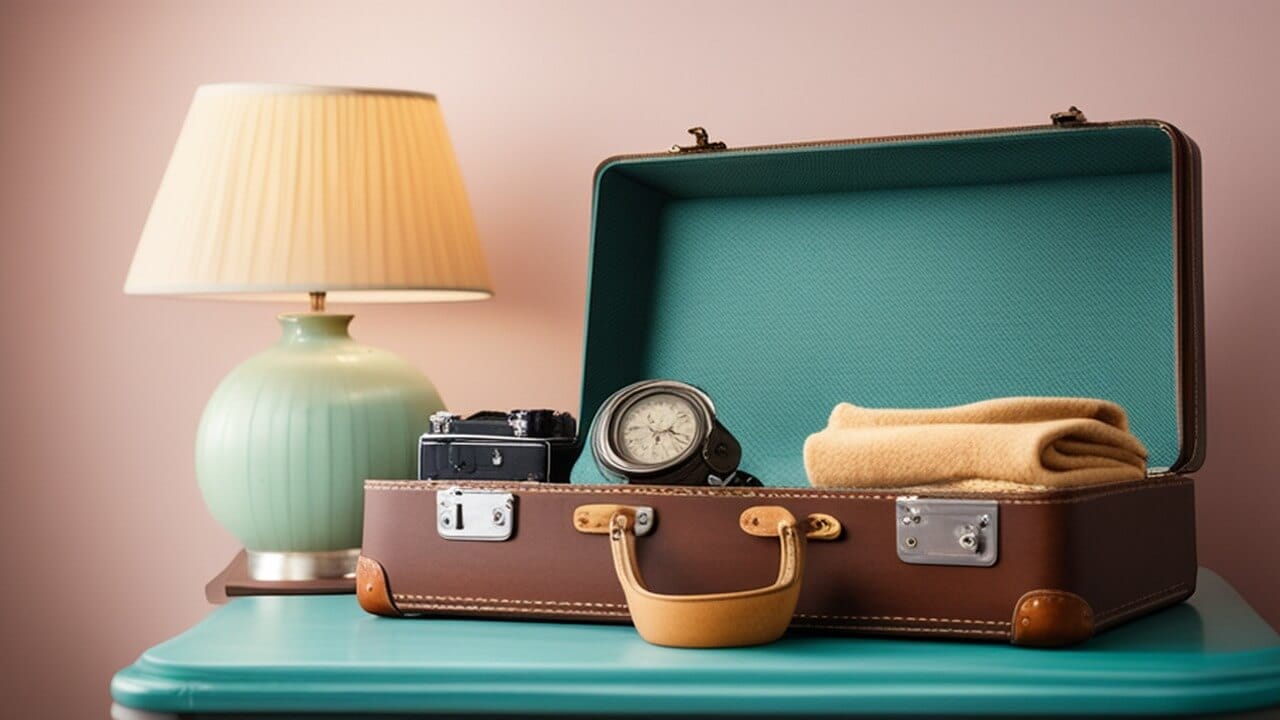 a pre loved suitcase atop a table, adorned with a clock and a lamp.
