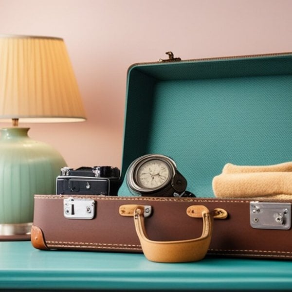 a pre loved suitcase atop a table, adorned with a clock and a lamp.