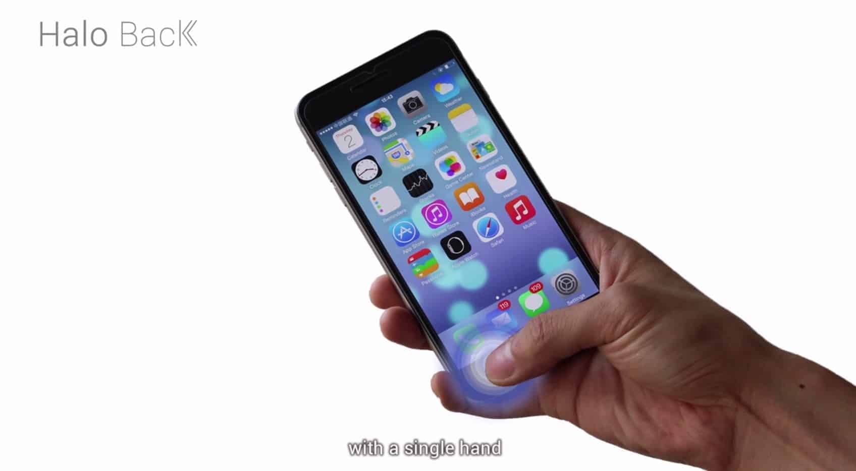 A hand holding an iPhone with the word halo back, asking if you would pay for a missing back button.
