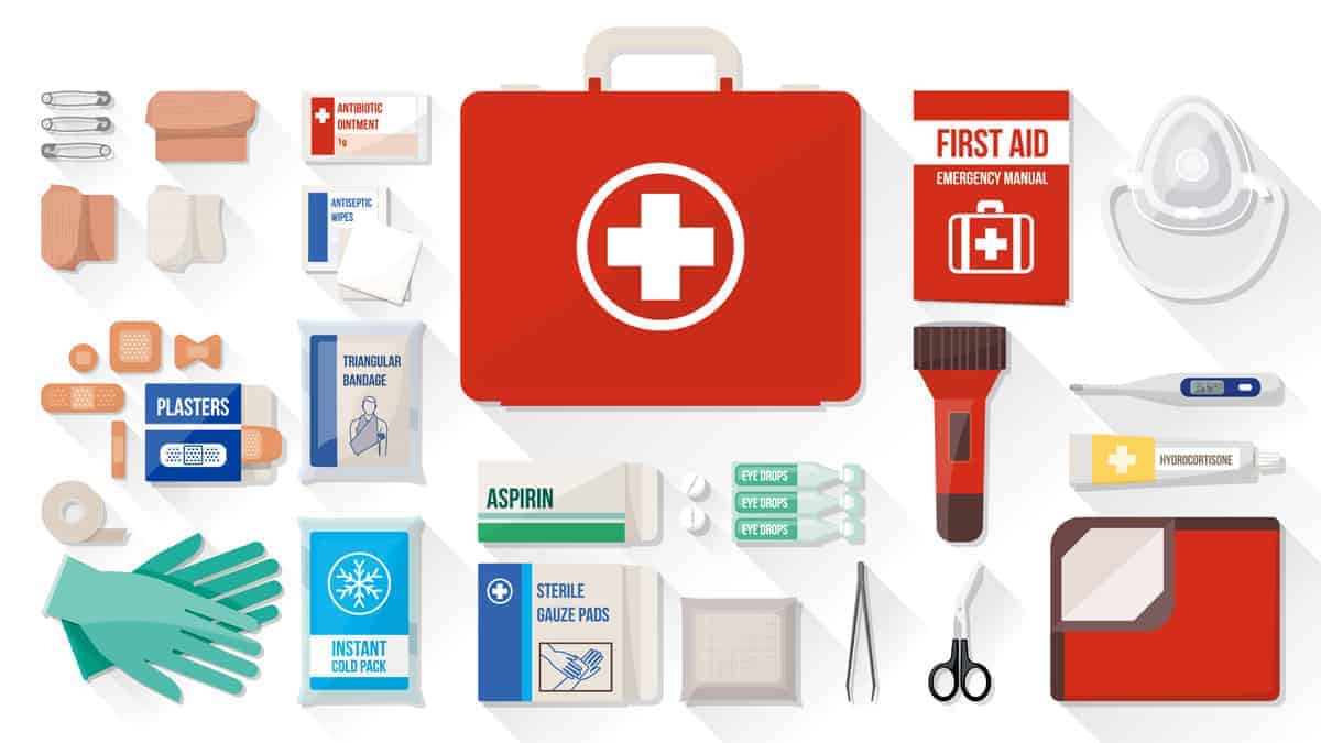 A first aid kit, essential for survival, is showcased on a white background.
