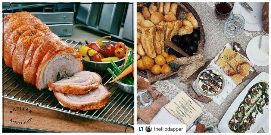 Two pictures of a roasted pork with vegetables on a grill in Ortigas Center.