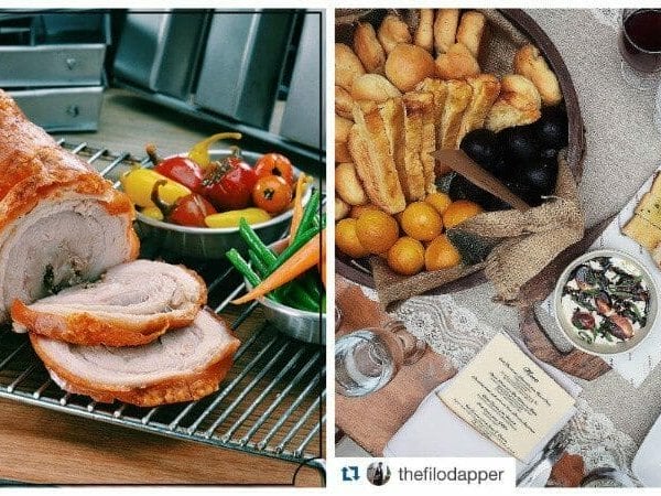 Two pictures of a roasted pork with vegetables on a grill in Ortigas Center.