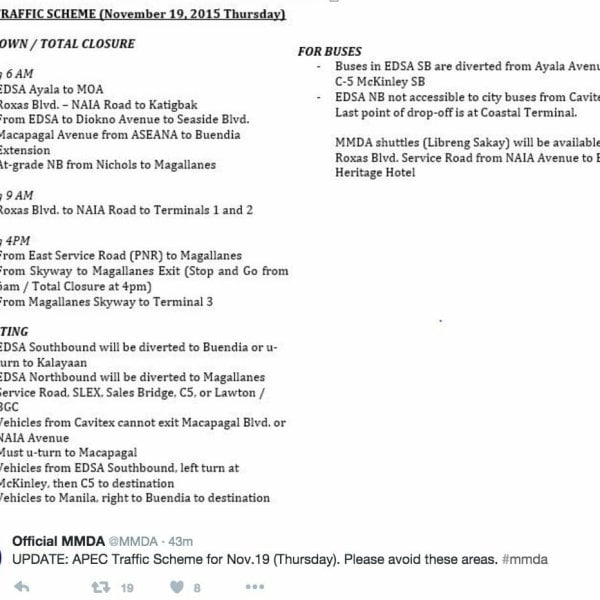 A text message with a list of #MMDA Advisory on APEC Road Closure for November 19,2015 in the Philippines.