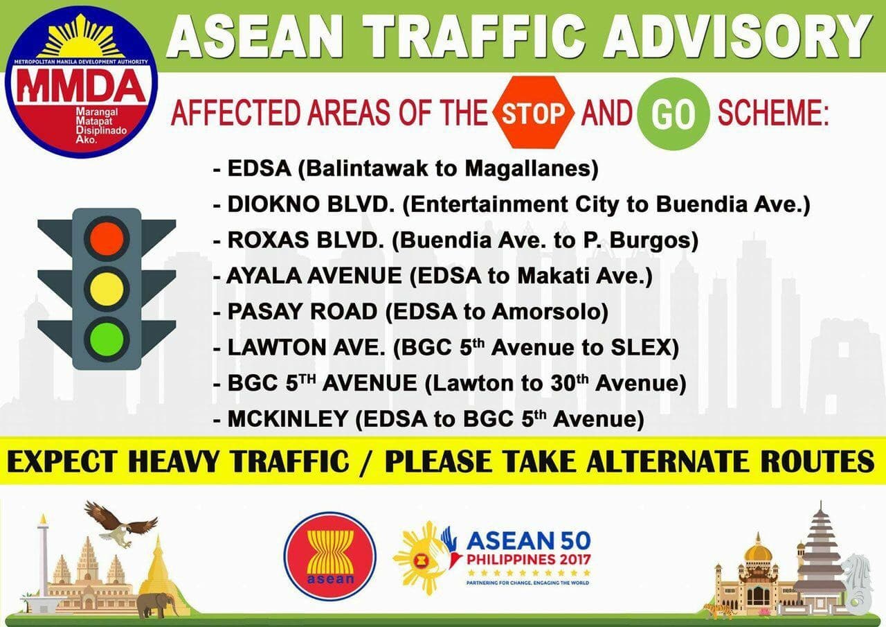 A poster for the 31st ASEAN SUMMIT 2017 traffic advisory, featuring the STOP AND GO SCHEME.