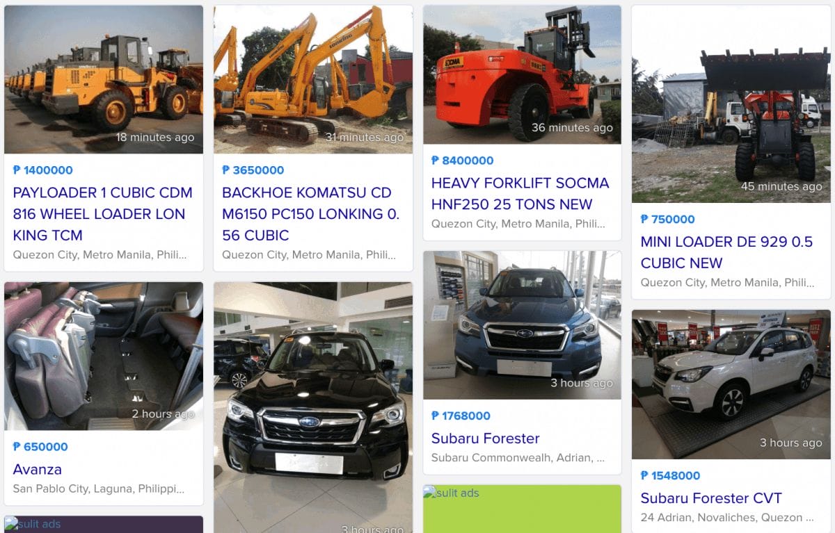 A screen shot of a sulit cars website showcasing various vehicles.
