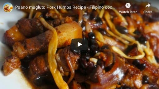 A Filipino cooking video demonstrating how to cook Pork Humba, with instructions in Tagalog and English.