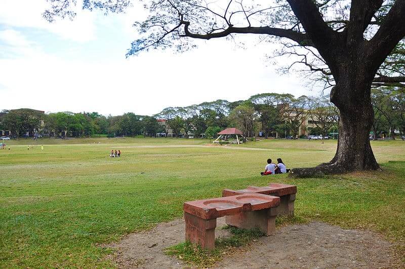 A park with a grassy field, large tree, stone bench, people sitting, and a gazebo in the distance under a cloudy sky.