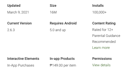 The Vivamax app details screenshot reveals an update from March 9, 2021, with a compact size of 16M and over 100,000 installs. Version 2.6.3 requires Android 5.0+, rated for ages 12+ with parental guidance advised. Explore interactive elements like in-app purchases for ?149 each; permissions are viewable.