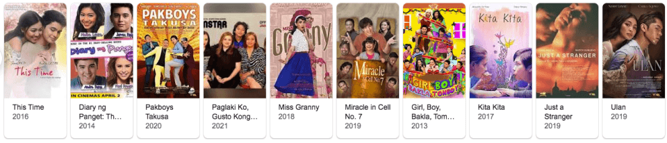 A collage of nine Filipino movie posters, each labeled with their respective titles and release years from 2016 to 2021. These Vivamax selections feature various actors and styles, with vibrant colors and designs reflecting different genres such as romance and comedy.