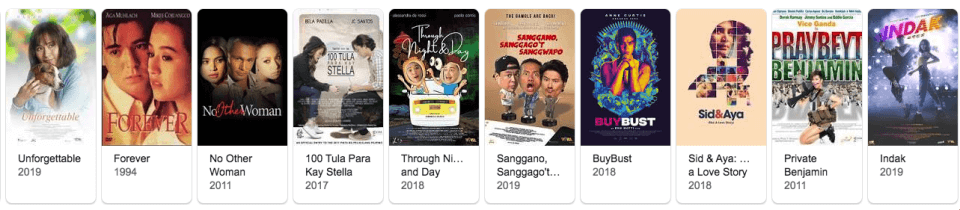 A vibrant collage of ten movie posters showcases popular titles like "Unforgettable" (2019) and "No Other Woman" (2011), reminiscent of collections on platforms like Vivamax.