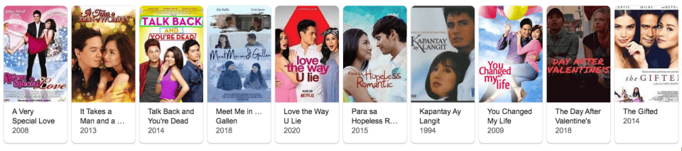 The image showcases ten romantic movie posters, featuring titles like "A Very Special Love," "It Takes a Man and a Woman," and "Talk Back and You're Dead," capturing heartwarming stories reminiscent of Vivamax's touching narratives.