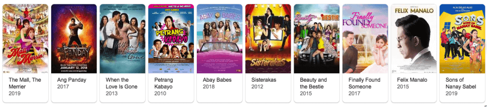 A sequence of ten movie posters is displayed in a row, each featuring various actors, titles, and vibrant designs. From hits like "The Mall, The Merrier" to fan favorites on Vivamax like "Sisterakas" and "Finally Found Someone," the collection highlights an eclectic mix of cinematic charm.