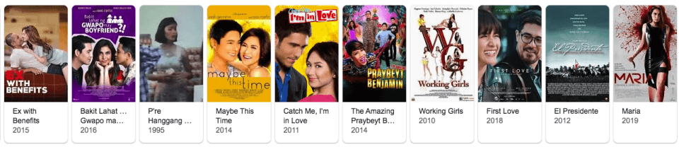 A lineup of nine Vivamax movie posters from various years showcases diverse casts and vibrant backgrounds, featuring titles like "Ex with Benefits," "Bakit Lahat ng Guwapo May Boyfriend?!", and "Pire Hanggang Kailan," spanning from 1986 to 2019.