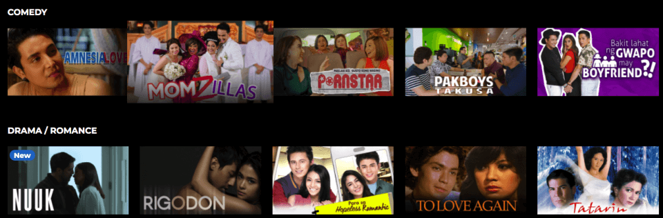 A vibrant collage of movie posters from Vivamax is displayed, divided into two sections: "Comedy" and "Drama/Romance." The comedy section features films like "Momzillas" and "Pakboys Takusa," while the drama/romance section showcases titles such as "Nuuk" and "Rigodon," each with colorful graphics and actor images.