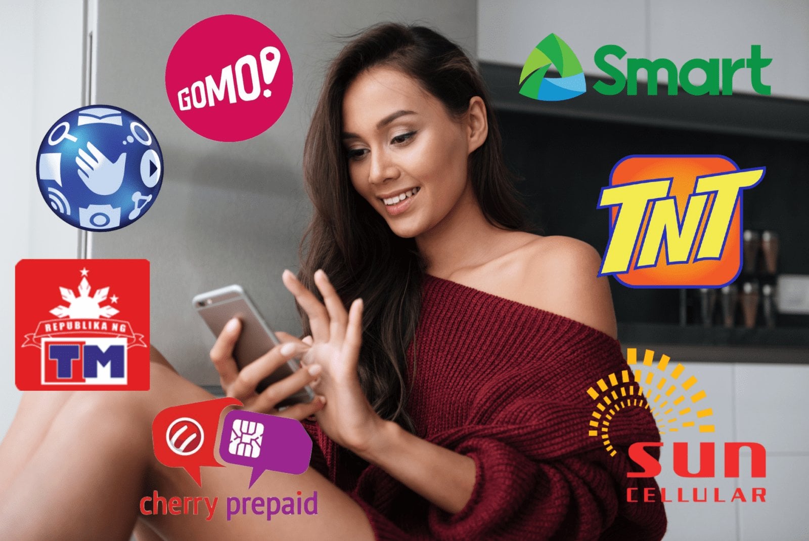 A woman is using a cell phone with many different prepaid promos for 2021.