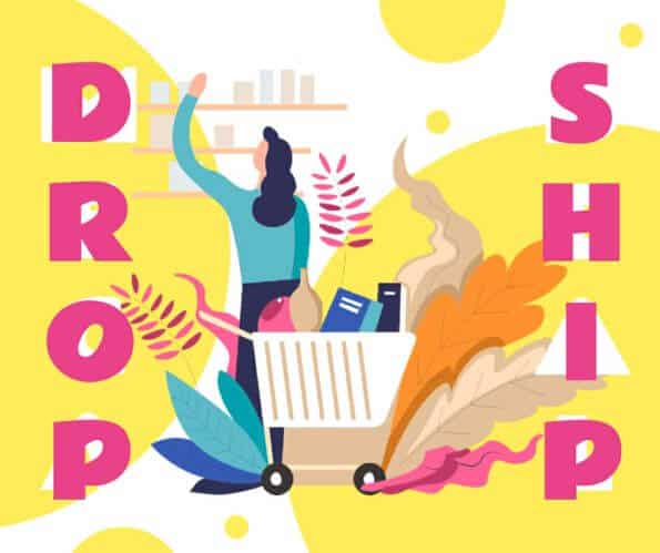 A woman is standing in front of a drop ship shopping cart.