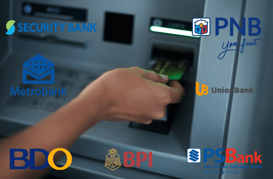 A person is using an ATM machine with different logos representing Philippine banks.