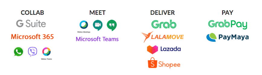 Office 365, Hangouts Meet, Google Drive, MS Teams, Google GSuite, Cisco WebEx, Whatsapp, Grab, Lazada, Shopee, Paymaya, Lalamove