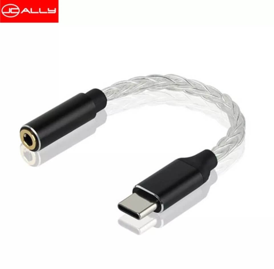 A black and white USB to 3.5mm cable used for digital-to-analog conversion (DAC).