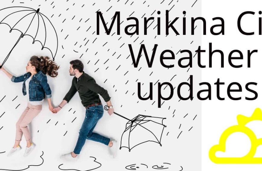 Two individuals with umbrellas providing Marikina city weather updates.