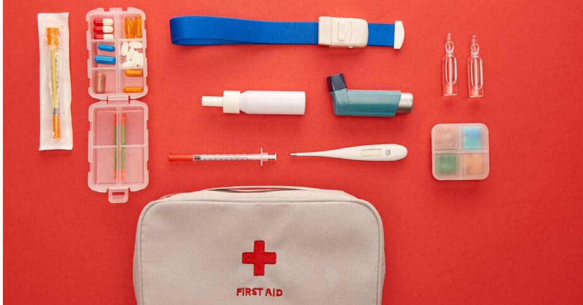 First aid kit with emergency hotlines in the Philippines for immediate assistance.