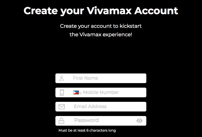 Discover the ease of creating your Vivamax account with our sleek sign-up form. Set against a black backdrop, fill in your "First Name," "Mobile Number" (adorned with a Philippines flag icon), "Email Address," and "Password." Note: Password must be at least six characters long.