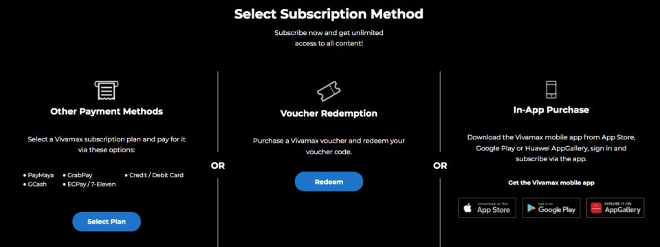 Payment methods for Vivamax subscriptions are displayed. Options include Other Payment Methods (pay via PayMaya, GCash, credit/debit card, etc.), Voucher Redemption (redeem a voucher), or In-App Purchase (via App Store, Google Play, or Huawei AppGallery).