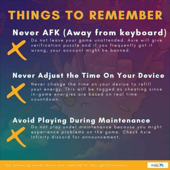A poster providing guidelines to avoid account bans in Axie Infinity.