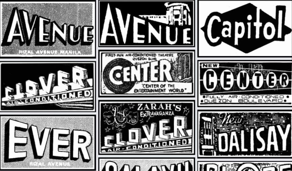 A collage of vintage theater ads, featuring bold, retro typography and names like Avenue, Capitol, and Zarrah's Extravaganza. Echoing a Vivamax vibe, most ads highlight air-conditioned venues and are displayed in black and white with various font styles and decorative elements.