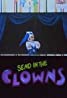 A cover image titled "Send in the Clowns" features a vivamax cartoon clown with blue hair and a white face, wearing a vibrant blue and white outfit. The clown stands on a dark stage in front of deep blue curtains, with bold, colorful text displayed prominently.