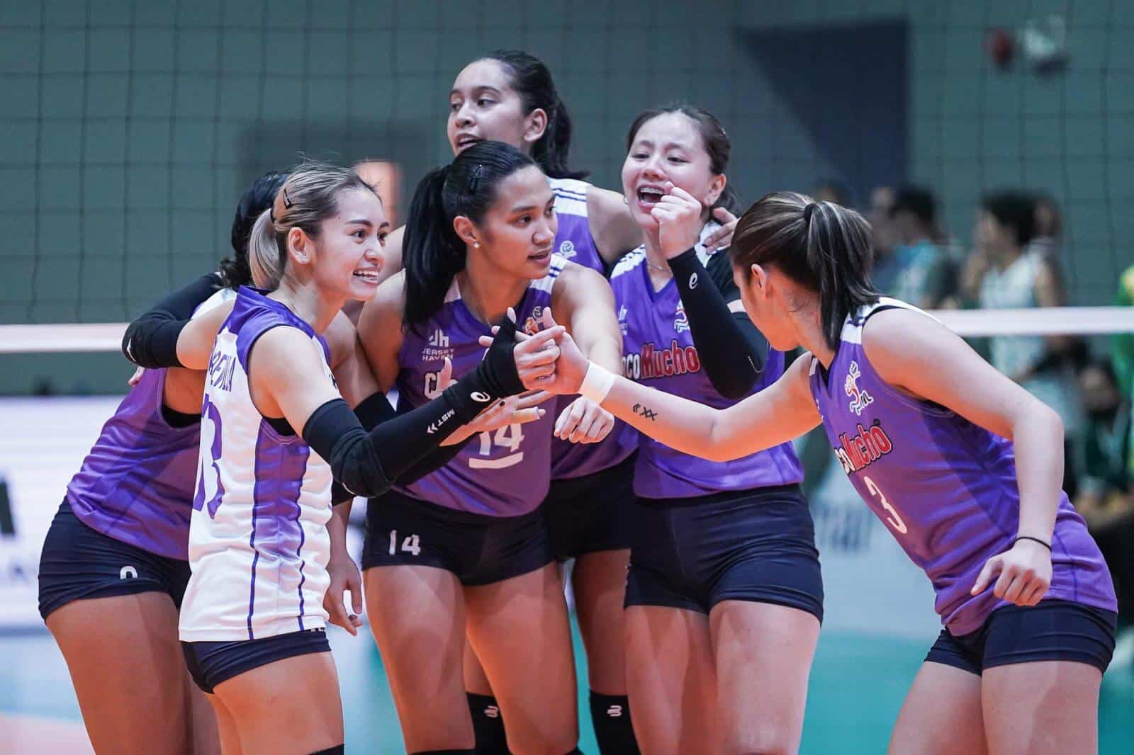 A group of female volleyball players *congratulating* each other after Choco Mucho's victorious debut in PVL Open Conference 2022.