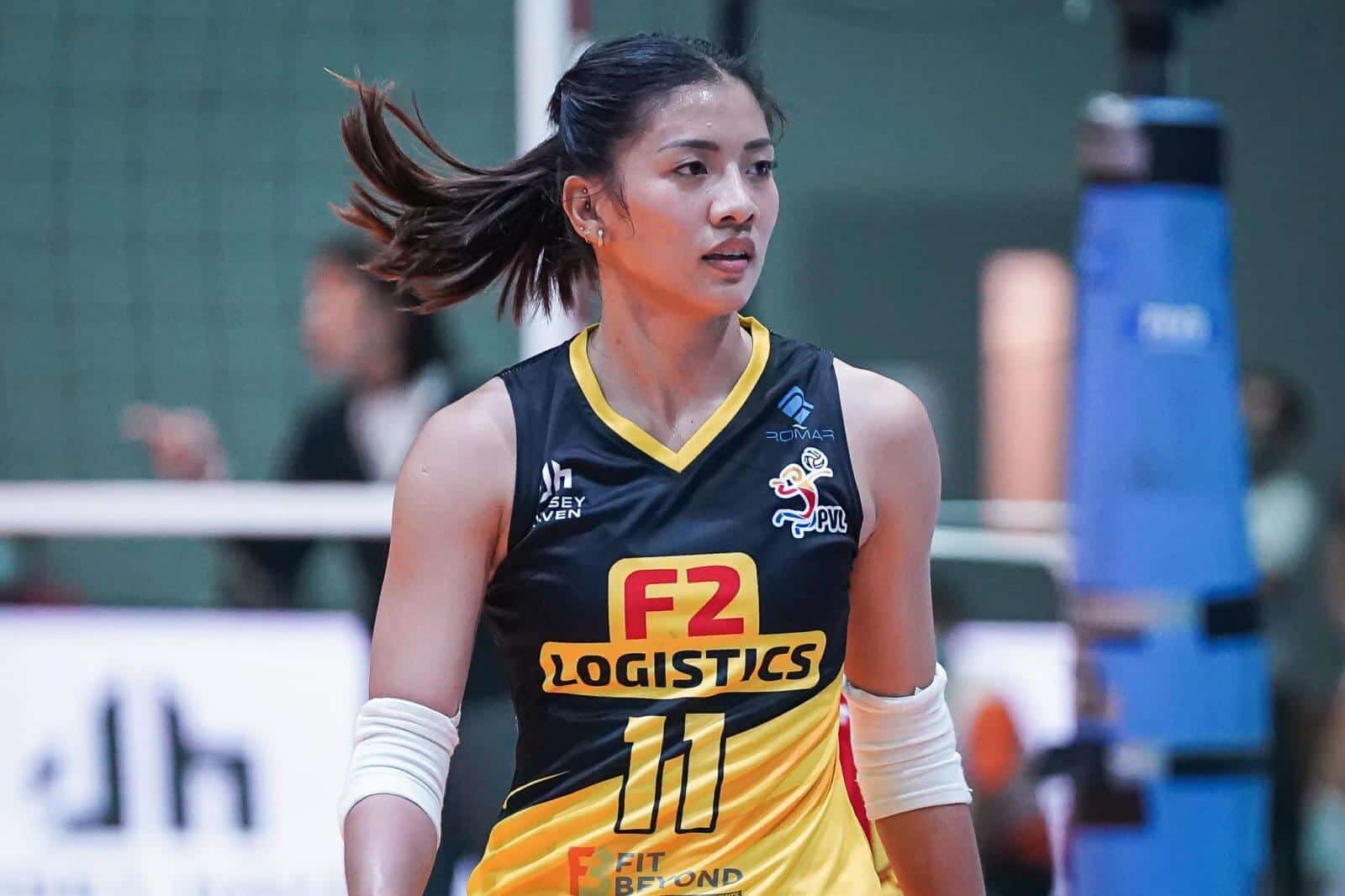 A female volleyball player from F2 Logistics dominates over Chery Tiggo in PVL Open Conference.