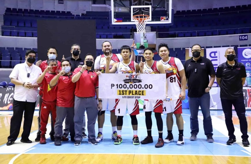 A group of men posing for a picture after San Miguel Beermen wins PBA 3x3 Leg 2 title.