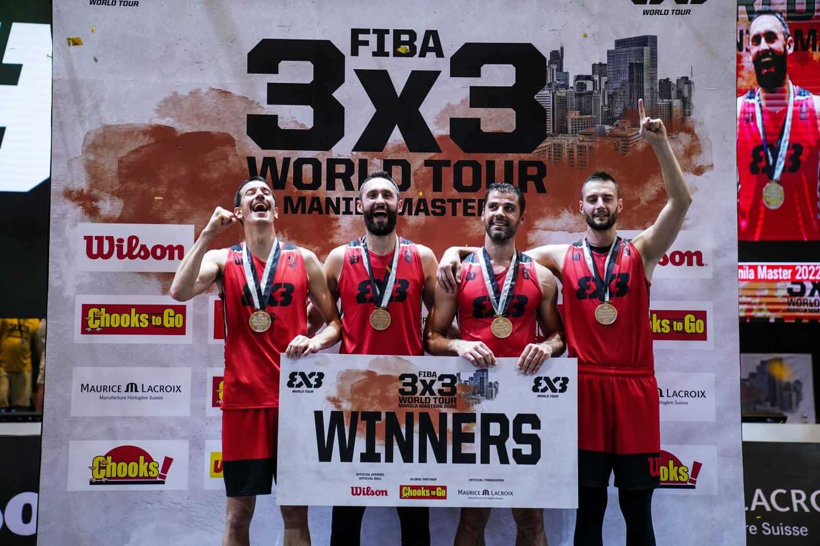 Fiba 3x world tour winners posing with their medals at the 2022 Chooks-to-Go FIBA 3x3 World Tour Manila Masters.