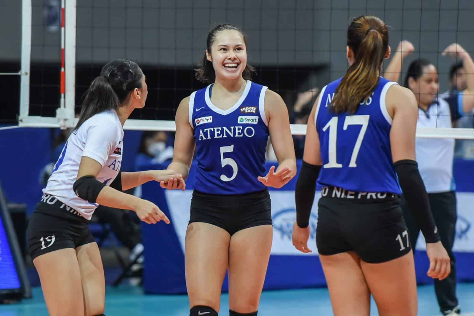 Ateneo de Manila volleyball players achieve fourth seed in UAAP Final Four, celebrating their success.