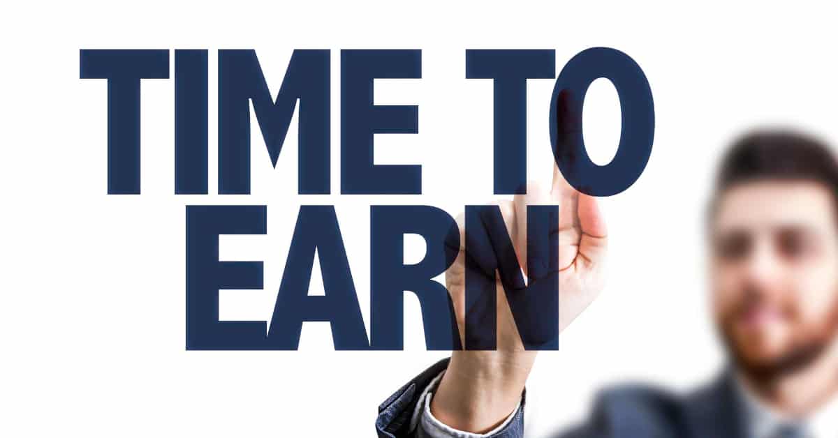 A person in a suit points at bold, dark blue text on a white background that reads "TIME TO EARN." The focus is on the text, hinting at an online journey toward motivation and financial gain, with the figure blurred in the background.