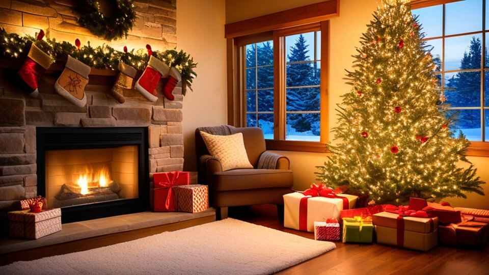 a christmas tree adorned with beautiful ornaments and presents underneath, all warmly illuminated by the flickering flames of a cozy fireplace.