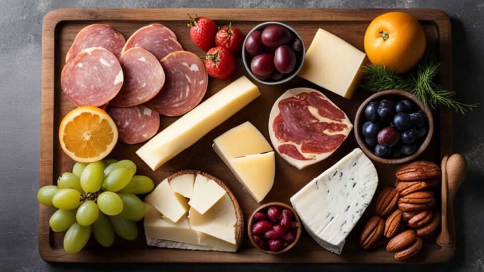 crafting the ultimate charcuterie board with various types of cheese and fruit arranged tastefully on a cutting board.
