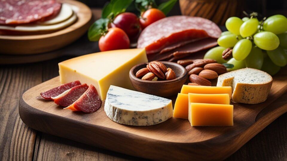 ultimate charcuterie board showcasing various types of cheese and meat on a wooden cutting board.