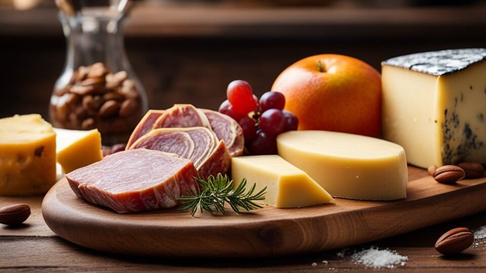 ultimate guide: various types of cheese, fruit and nuts on a charcuterie board.