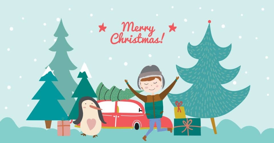 merry christmas card with a penguin and wishes.