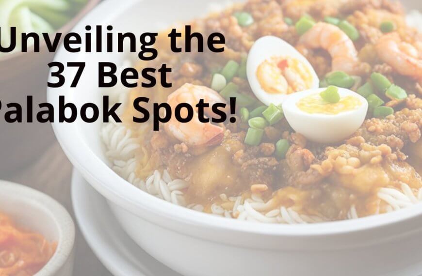 a bowl of rice with the words revealing manila's 7 best palabok spots.