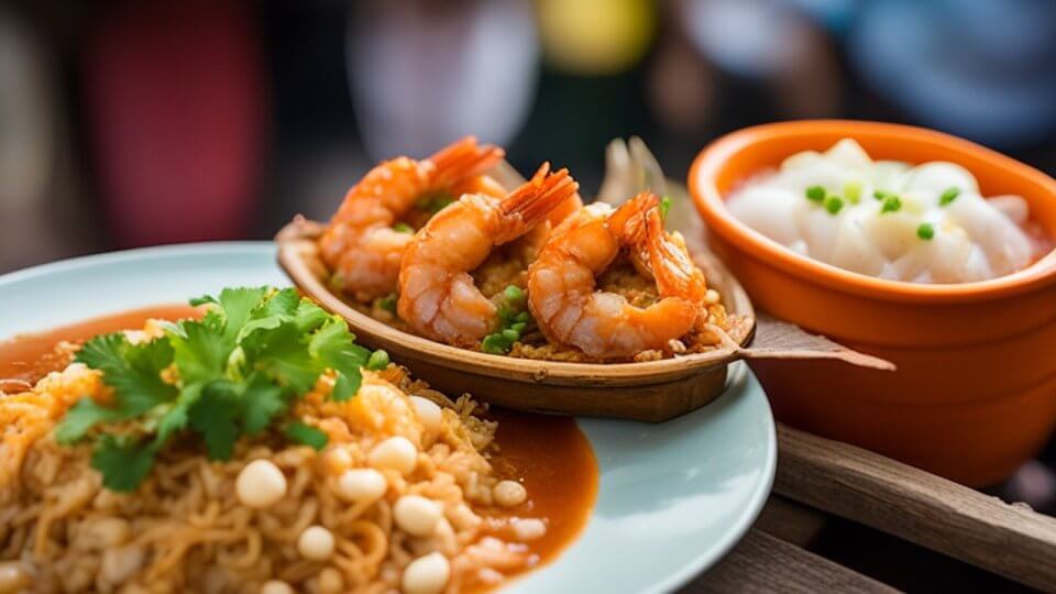 a plate of palabok, a manila specialty, with shrimp and rice on it.