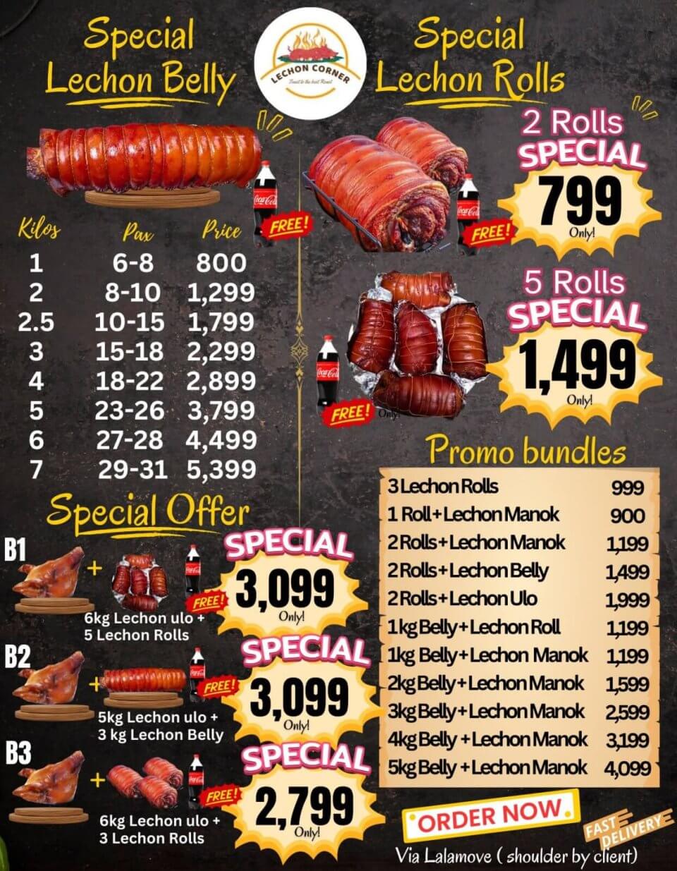 a flyer with a price list for lechon belly roll and lechon roll meats, highlighting their delicious differences.
