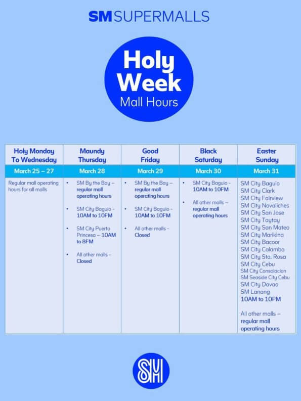 The image is a schedule displaying the mall operation hours for SM Supermalls from Wednesday, March 25 to Sunday, March 31. Each day is presented in a different colored box, listing opening times from 10 AM to 10 PM, with some variations and closures noted.