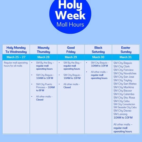The image is a schedule displaying the mall operation hours for SM Supermalls from Wednesday, March 25 to Sunday, March 31. Each day is presented in a different colored box, listing opening times from 10 AM to 10 PM, with some variations and closures noted.