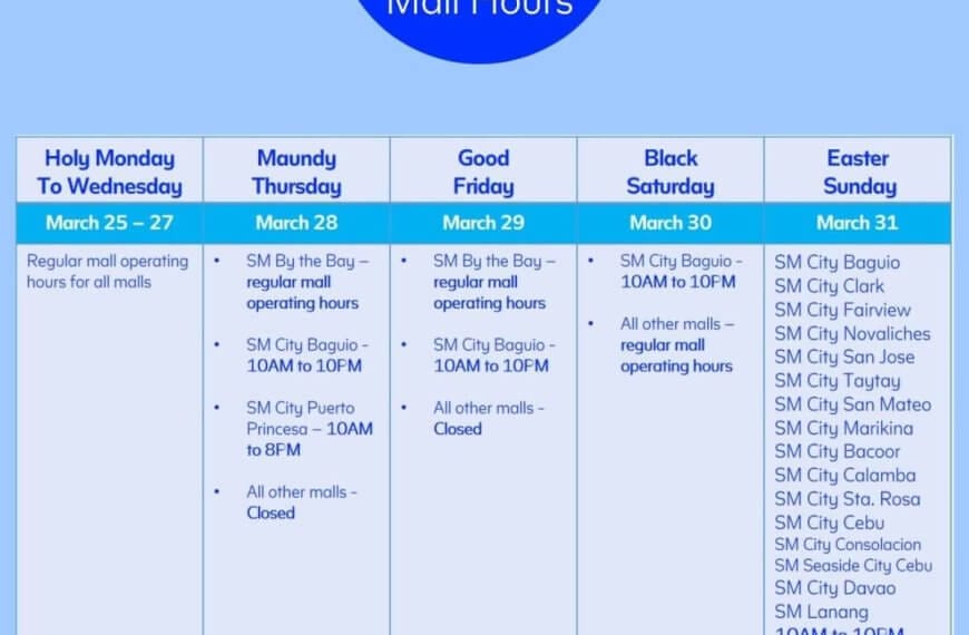 The image is a schedule displaying the mall operation hours for SM Supermalls from Wednesday, March 25 to Sunday, March 31. Each day is presented in a different colored box, listing opening times from 10 AM to 10 PM, with some variations and closures noted.