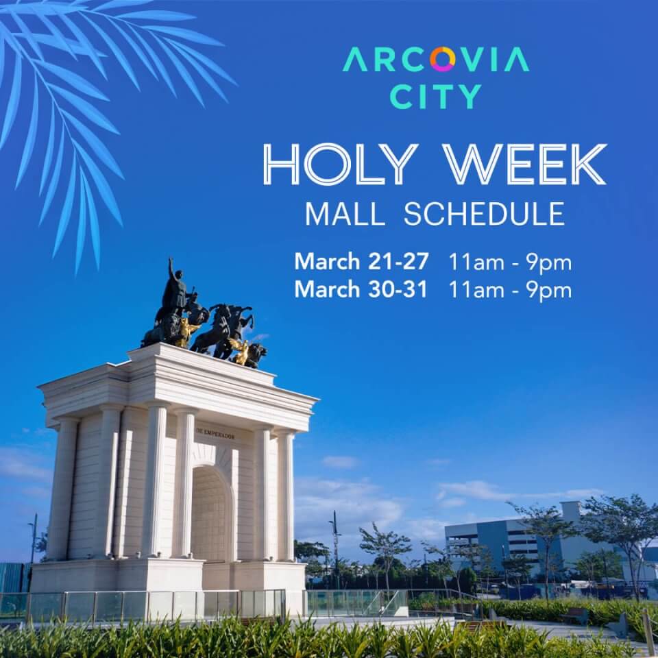 Promotional poster for holy week events at arcovia city with schedule details, featuring a monument and clear blue sky.