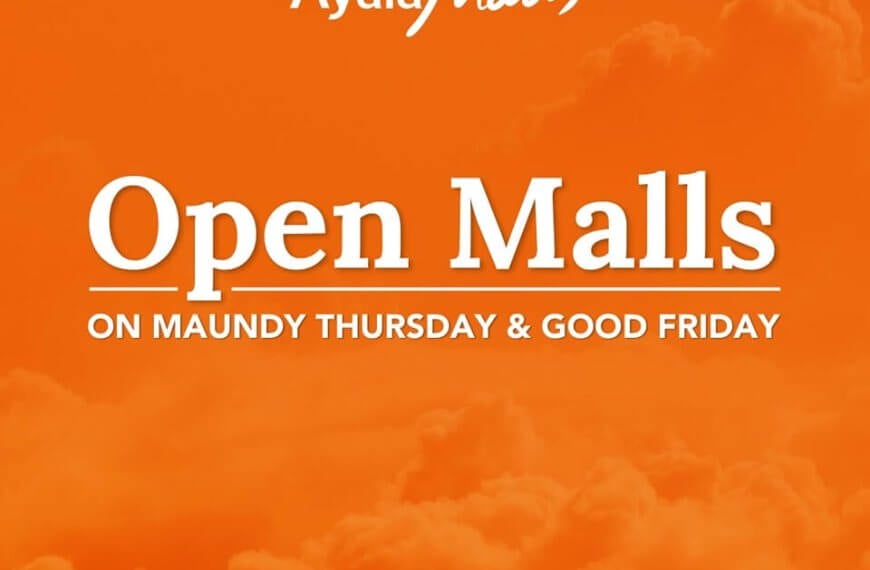 Ayala malls announces open malls on maundy thursday and good friday, march 28 - 29, 2024, against an orange background.
